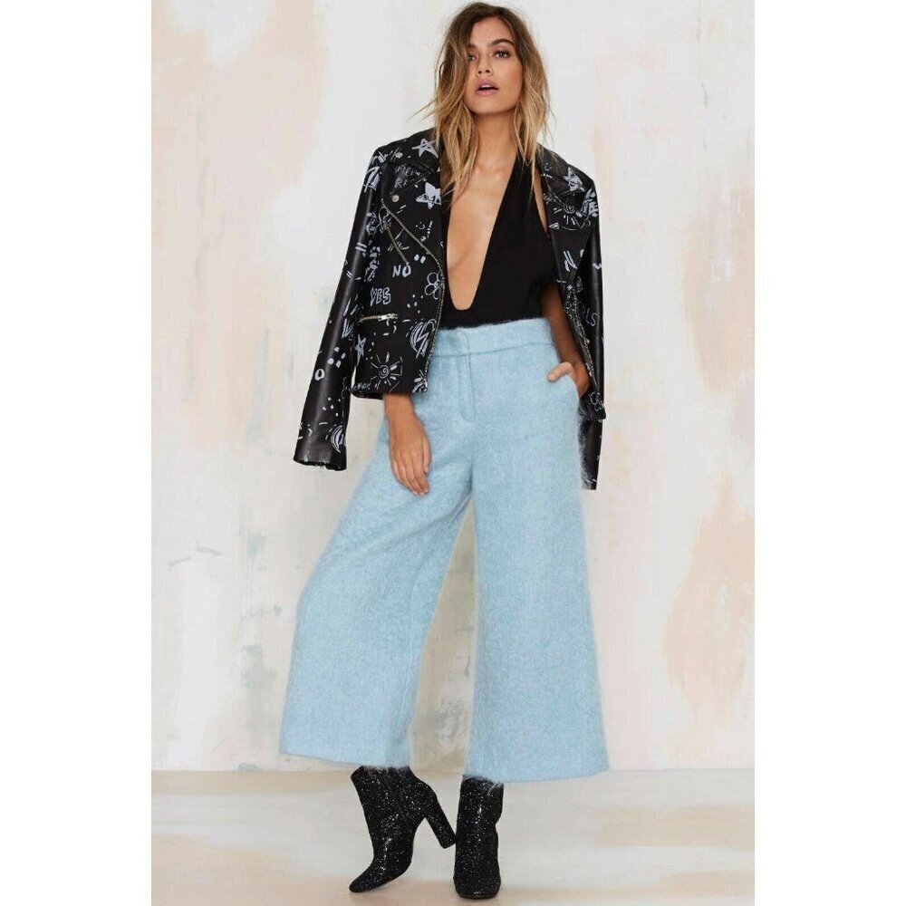 American Retro Renaud Mohair Wide Leg Pants Size 34 Baby Blue Nasty Gal Cropped - Picture 7 of 14